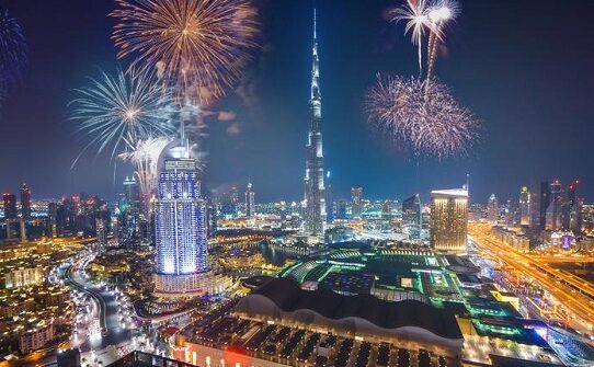 Fireworks display at town square of Dubai downtown